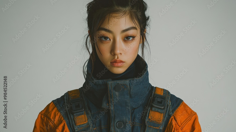 A young woman poses confidently in an industrial outfit with a serious expression A young woman poses confidently in an industrial outfit with a serious expression