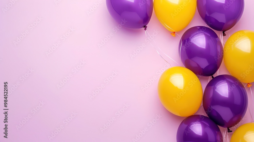 Purple and yellow balloons on a light pink background, with ample space for birthday text. Purple and yellow balloons on a light pink background, with ample space for birthday text.