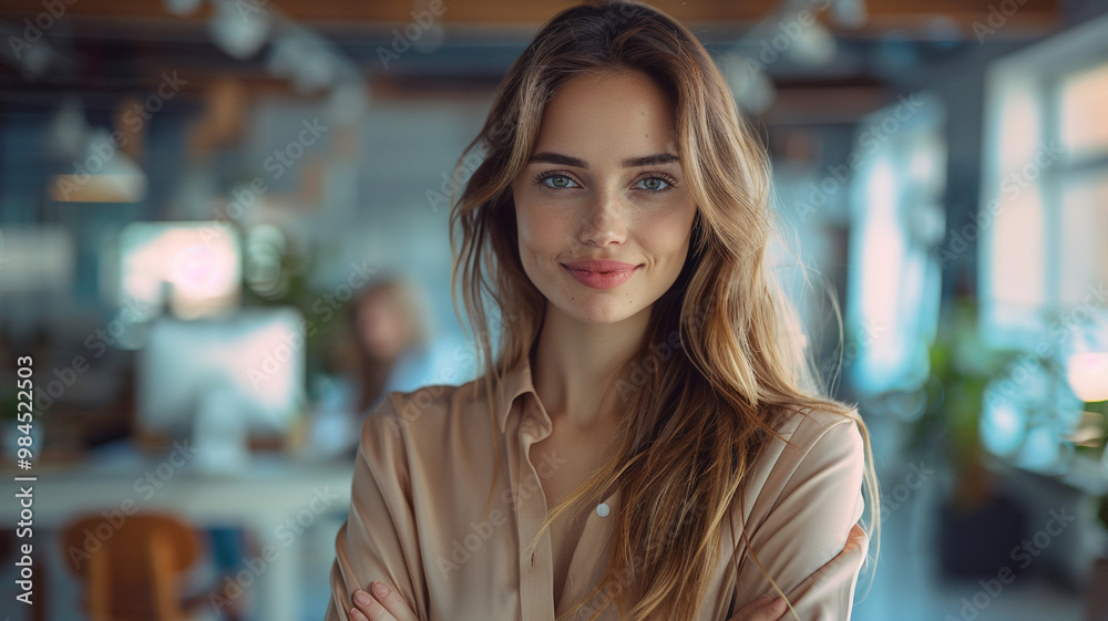 Successful businesswoman looking at camera. Woman entrepreneur in a co working space smiling. Portrait of beautiful business woman standing in front of business team Successful businesswoman looking at camera. Woman entrepreneur in a co working space smiling. Portrait of beautiful business woman standing in front of business team