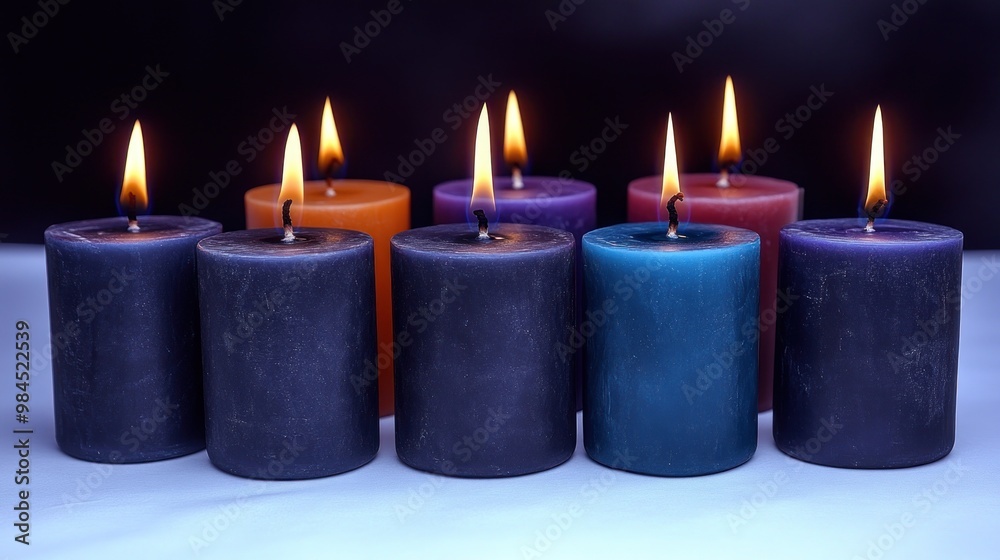 A vibrant collection of candles in various colors creates a calming ambiance A vibrant collection of candles in various colors creates a calming ambiance