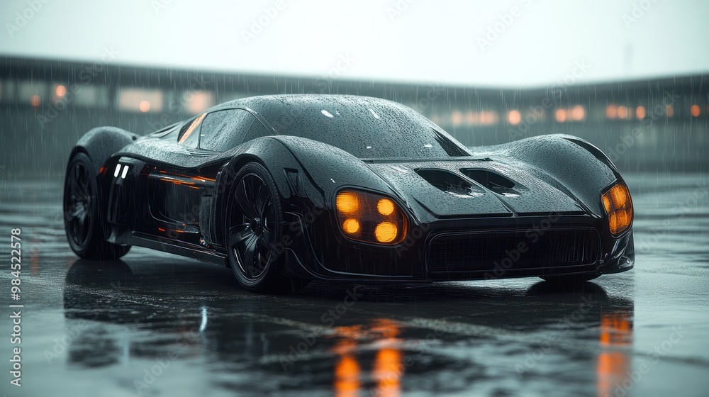 The sleek racing car shines, mirroring city lights on the wet surface The sleek racing car shines, mirroring city lights on the wet surface
