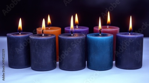 A vibrant collection of candles in various colors creates a calming ambiance