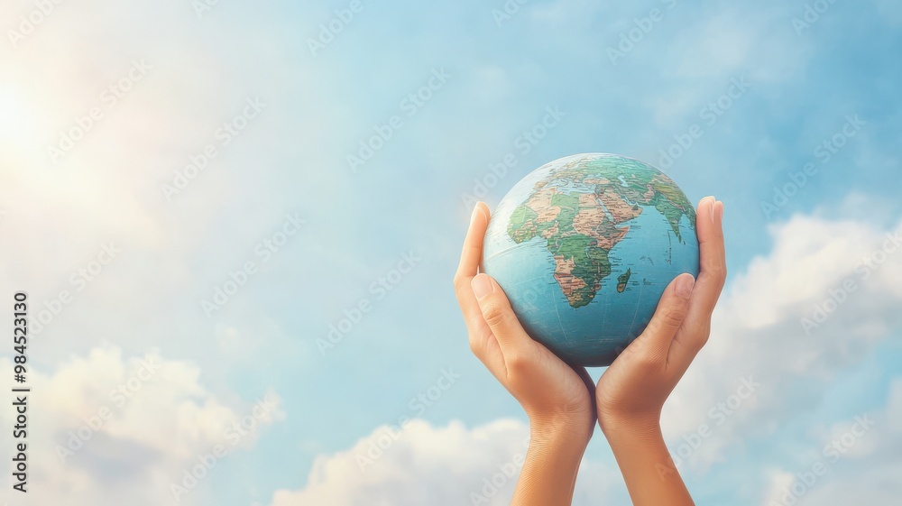 A pair of hands gently holding a globe against a bright blue sky, symbolizing care for the planet and global unity.