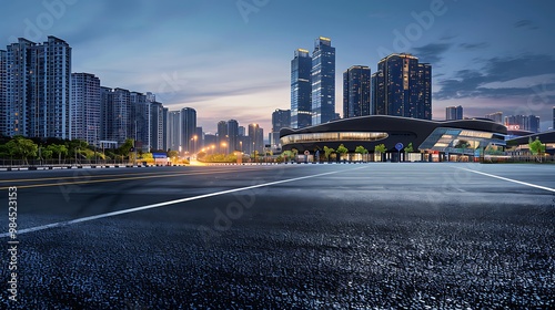 Asphalt road and modern city skyline