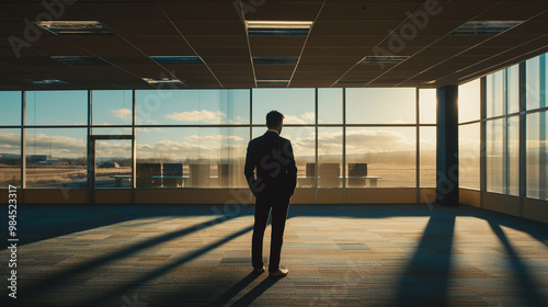 Businessman standing alone in an empty office, reflecting on closure, void of furniture, sunlight streaming through windows, capturing poignant moment of transition and loss