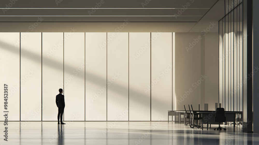Businessman standing alone in an empty office, reflecting on closure, void of furniture, sunlight streaming through windows, capturing poignant moment of transition and loss Businessman standing alone in an empty office, reflecting on closure, void of furniture, sunlight streaming through windows, capturing poignant moment of transition and loss
