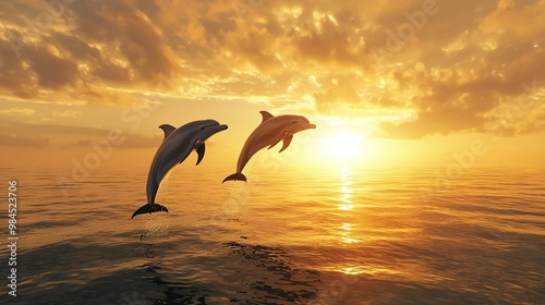   Dolphins jumping out of the water as the sun sets over the cloudy sky and ocean