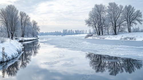 Tranquil Winter Riverside Reflections, serene frozen waters mirror the peaceful landscape, evoking a sense of calm and stillness in a winter wonderland setting.