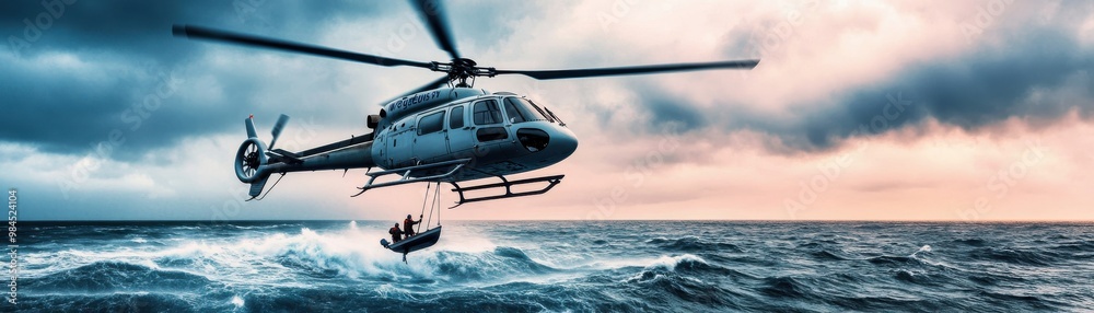 A dramatic scene of a helicopter performing a rescue operation over turbulent ocean waters during sunset. A dramatic scene of a helicopter performing a rescue operation over turbulent ocean waters during sunset.