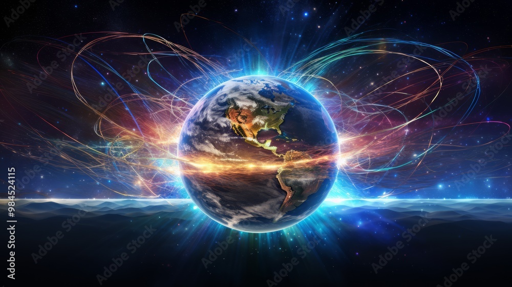 Magnetic lines of force surrounding Earth known as the magnetosphere. Neural network ai generated art Magnetic lines of force surrounding Earth known as the magnetosphere. Neural network ai generated art
