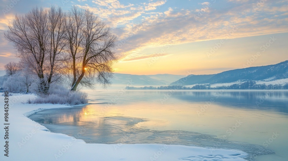 Winter Serenity by the River, a peaceful riverside scene showcasing still, frozen waters reflecting the calm of winter, surrounded by snow-covered banks and bare trees Winter Serenity by the River, a peaceful riverside scene showcasing still, frozen waters reflecting the calm of winter, surrounded by snow-covered banks and bare trees