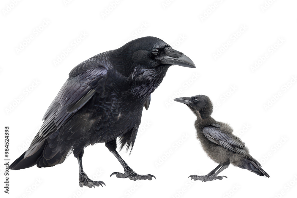 A raven stands beside its chick, showcasing the bond between parent and offspring on a white background on transparent background A raven stands beside its chick, showcasing the bond between parent and offspring on a white background on transparent background