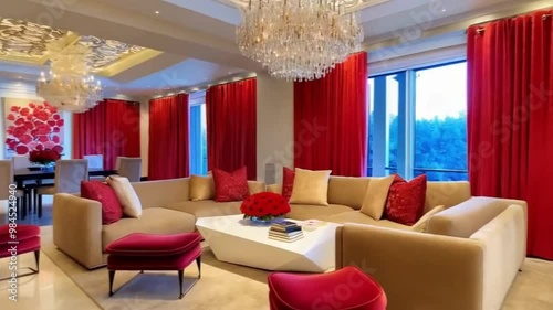 beige modern living room with sofas and red decoration