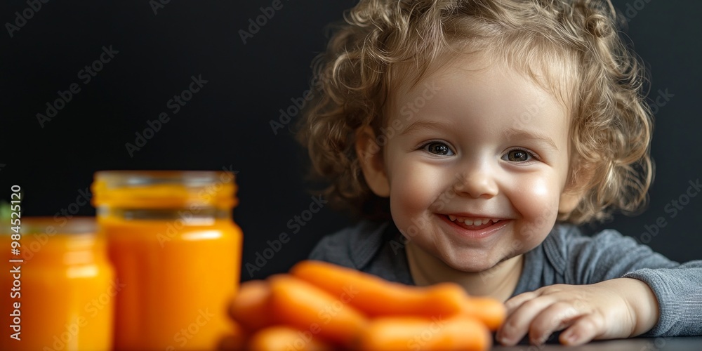 A cheerful toddler with curly hair smiles brightly at the camera with jars of orange puree and fresh carrots in the foreground. An enjoyable moment captured in a minimalist style. AI A cheerful toddler with curly hair smiles brightly at the camera with jars of orange puree and fresh carrots in the foreground. An enjoyable moment captured in a minimalist style. AI