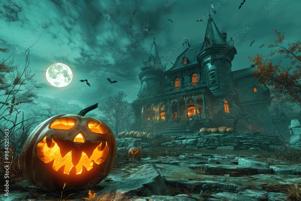 Haunted Mansion Under a Full Moon with a Jack-o'-Lantern