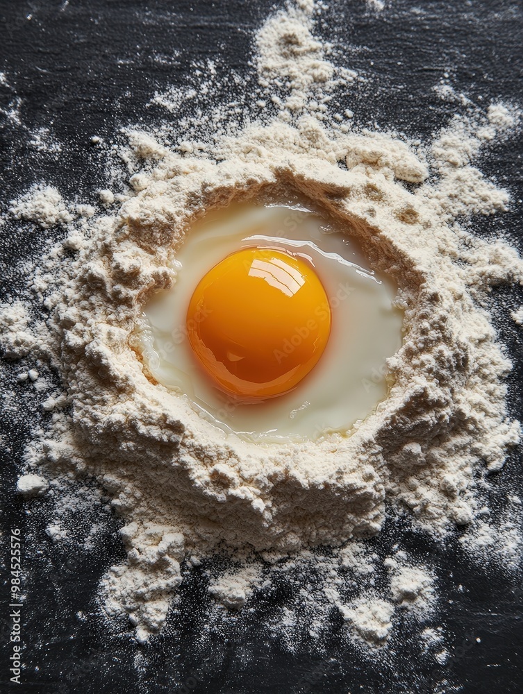 Raw Egg in Flour Nest on Black Background Raw Egg in Flour Nest on Black Background