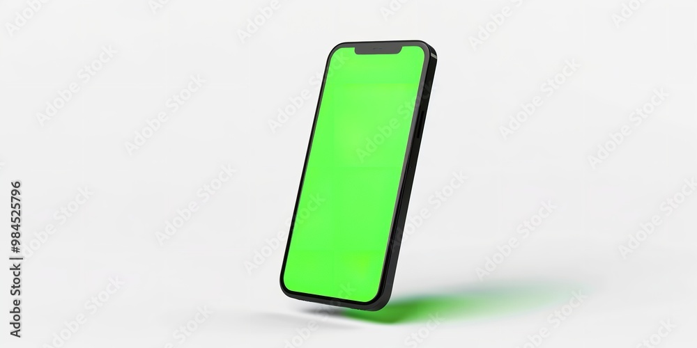 mockup of a cell phone with a green screen floating on a white background, Generative AI. mockup of a cell phone with a green screen floating on a white background, Generative AI.