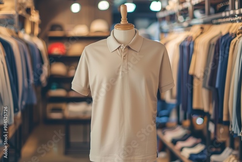 mock-up of a beige polo shirt on a mannequin with a clothes rack in the background of the store, Generative AI.