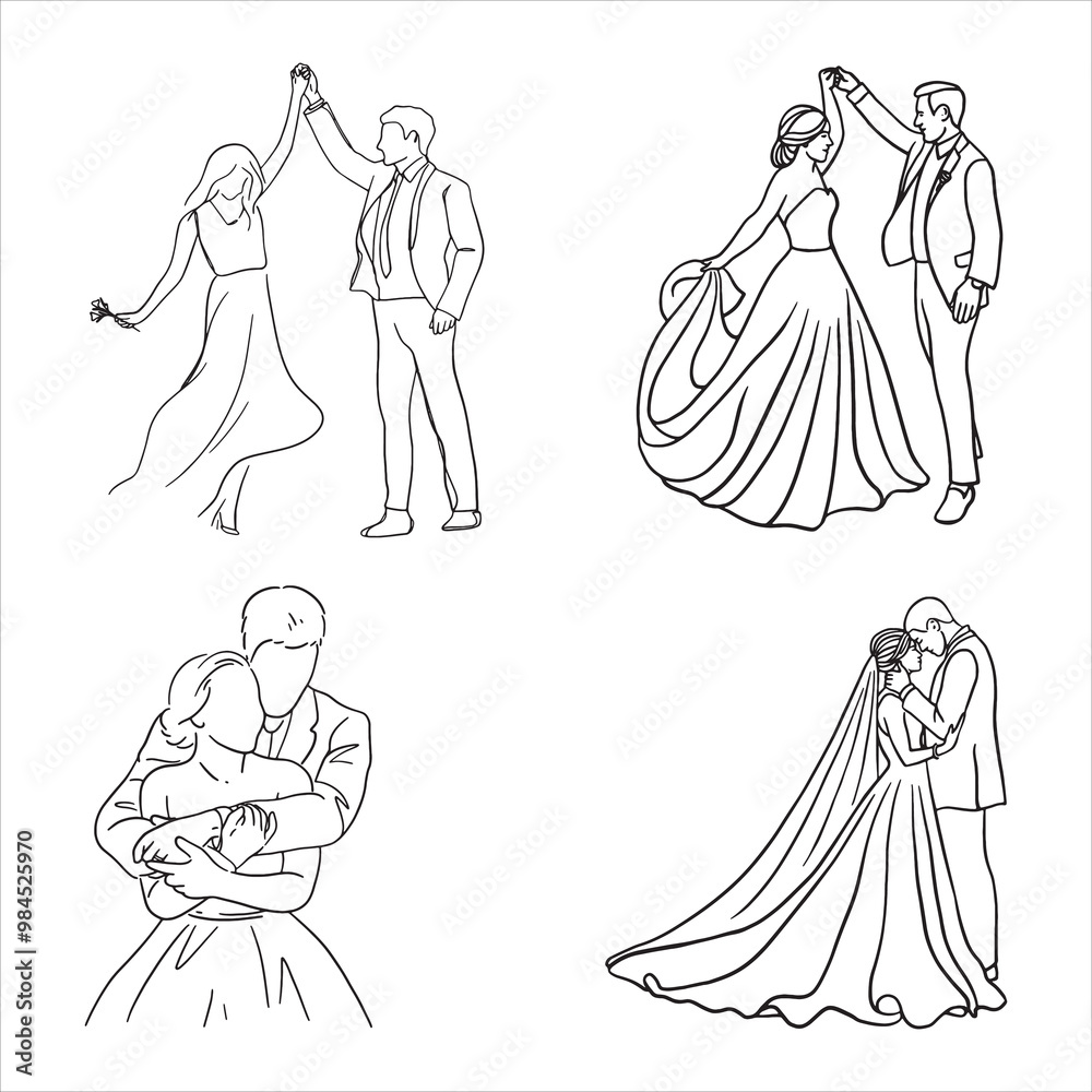 Set of Happy Love Couple wedding line art drawn.