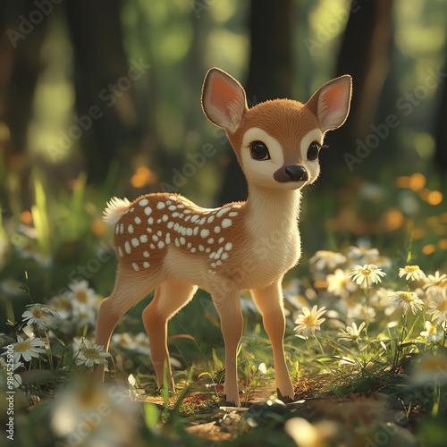 A charming, cute fawn stands amidst a field of wildflowers, bathed in soft sunlight in a serene forest setting.