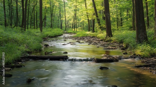 Tranquil Summer Forest Streams, serene water features flowing through lush greenery, inviting hikers to immerse in the calming beauty of nature's summer embrace.