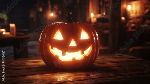 A beautifully carved Halloween pumpkin sits on a rustic wooden table