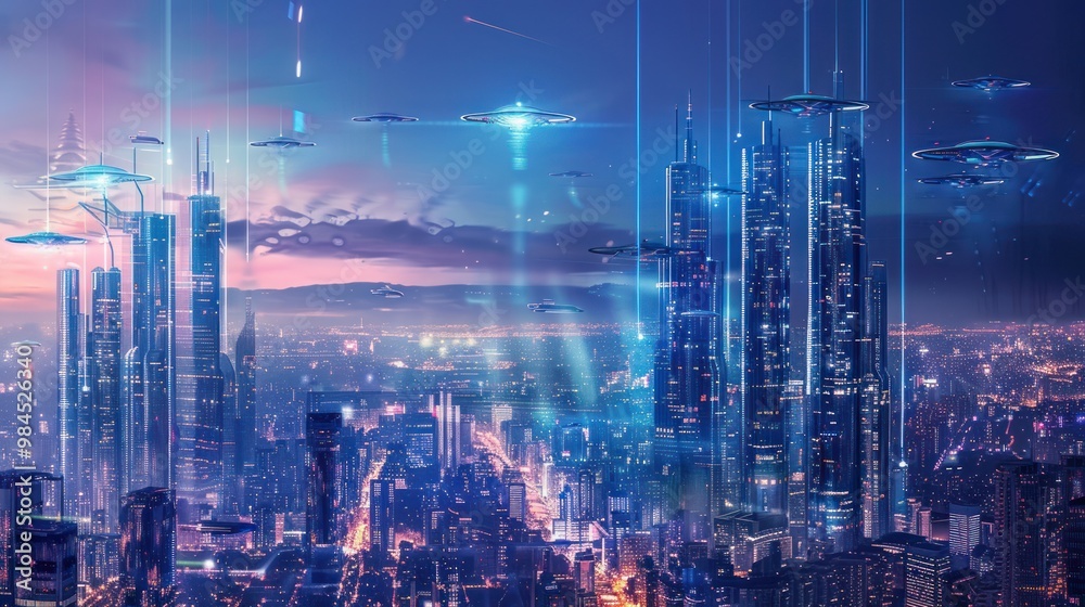 Futuristic Cityscape with Flying Vehicles Futuristic Cityscape with Flying Vehicles