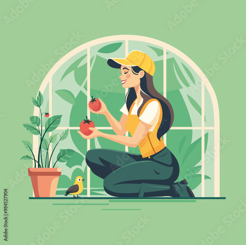 Vector illustration of a woman kneeling in front of her greenhouse, picking tomatoes