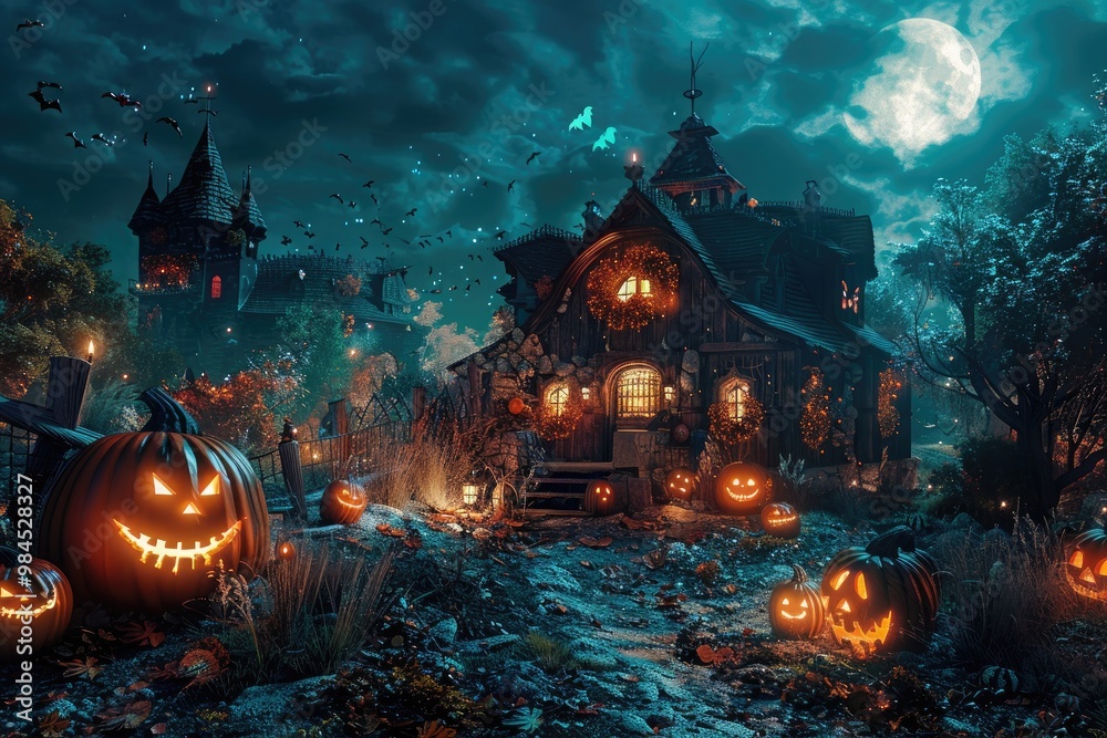 A Glowing Halloween House with Jack-O-Lanterns and Bats in the Night A Glowing Halloween House with Jack-O-Lanterns and Bats in the Night