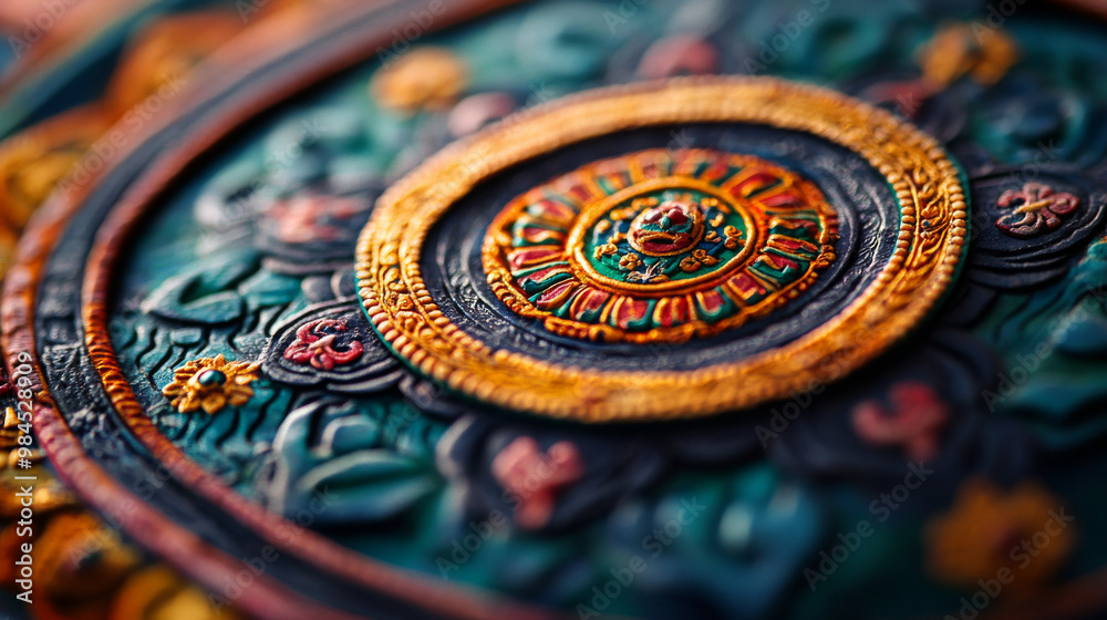A close-up of a Tibetan Buddhist mandala, with intricate details and vibrant colors symbolizing the universe and its elements A close-up of a Tibetan Buddhist mandala, with intricate details and vibrant colors symbolizing the universe and its elements