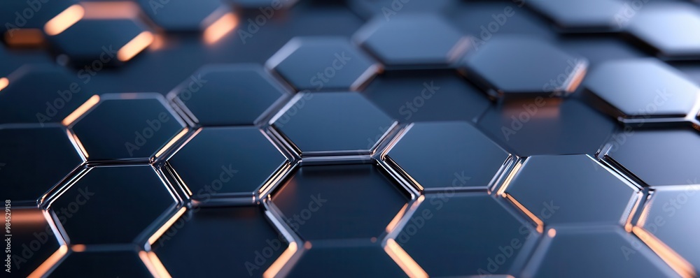 Abstract background with hexagonal pattern in blue and metallic color.