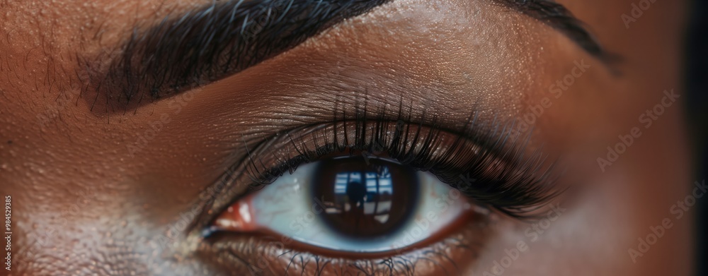 Close-up of African American womans eye with long lashes and well-groomed eyebrow natural makeup Close-up of African American womans eye with long lashes and well-groomed eyebrow natural makeup