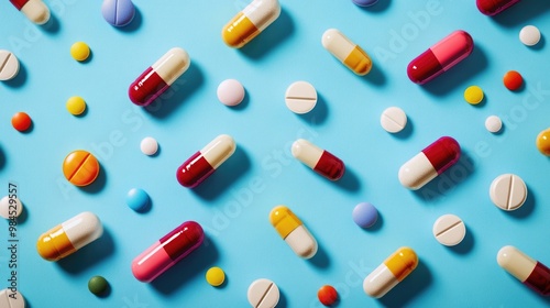 Colorful Pills and Capsules Scattered on Blue Surface, Symbolizing Diverse Medication Choices for Treatment Options