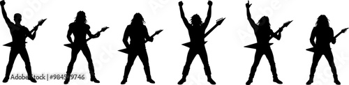 Set Metal Band Vektor Silhouetten der Musiker mit E-Gitarren - Design Grafik Elemente