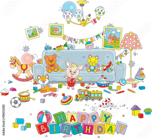 Happy birthday card with a funny little piglet among toys and things scattered in terrible disorder in his room after fun and noisy games with friends at its holiday party, vector cartoon illustration