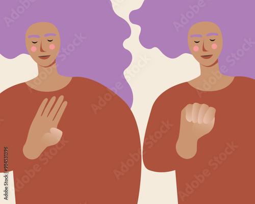 African Woman and Signal for Help with Hand, Flat Vector Stock Illustration for Victims of Domestic Violence