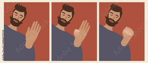 Man and Signal for Help with Hand, Flat Vector Stock Illustration for Victims of Domestic Violence