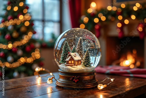 Enchanting Snow Globe on Wooden Table: Festive Scene for Holiday Marketing, Seasonal Promotions, and Winter-Themed Designs photo