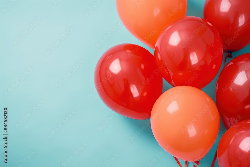 Orange and red balloons on a light blue background, creating a cheerful birthday theme. Orange and red balloons on a light blue background, creating a cheerful birthday theme.