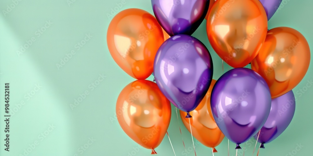 Orange and purple balloons on a light green background, ideal for a festive birthday greeting. Orange and purple balloons on a light green background, ideal for a festive birthday greeting.