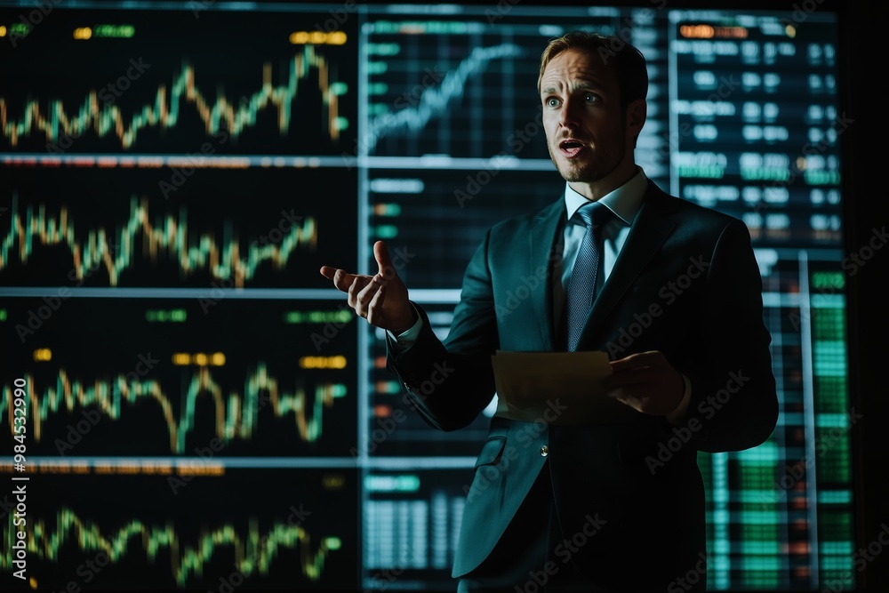 A financial analyst presents market insights in a modern office during a corporate meeting at dusk A financial analyst presents market insights in a modern office during a corporate meeting at dusk