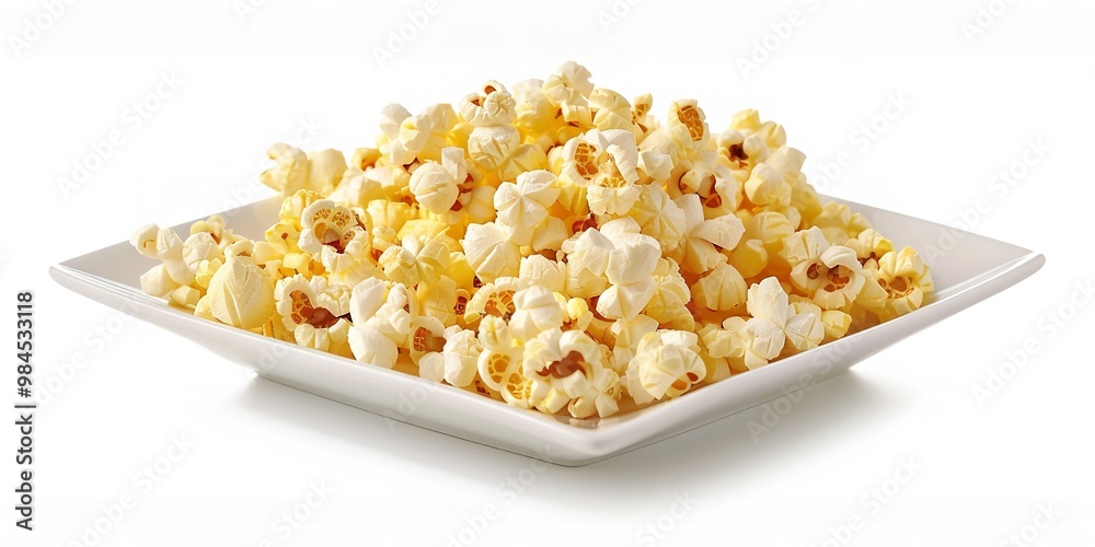 Popcorn arranged on a white platter with a crisp white background to draw attention to it, Generative AI. Popcorn arranged on a white platter with a crisp white background to draw attention to it, Generative AI.