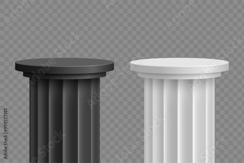 Antique black and white columns or pedestal. Podium template isolated on transparent background. Vector mockup