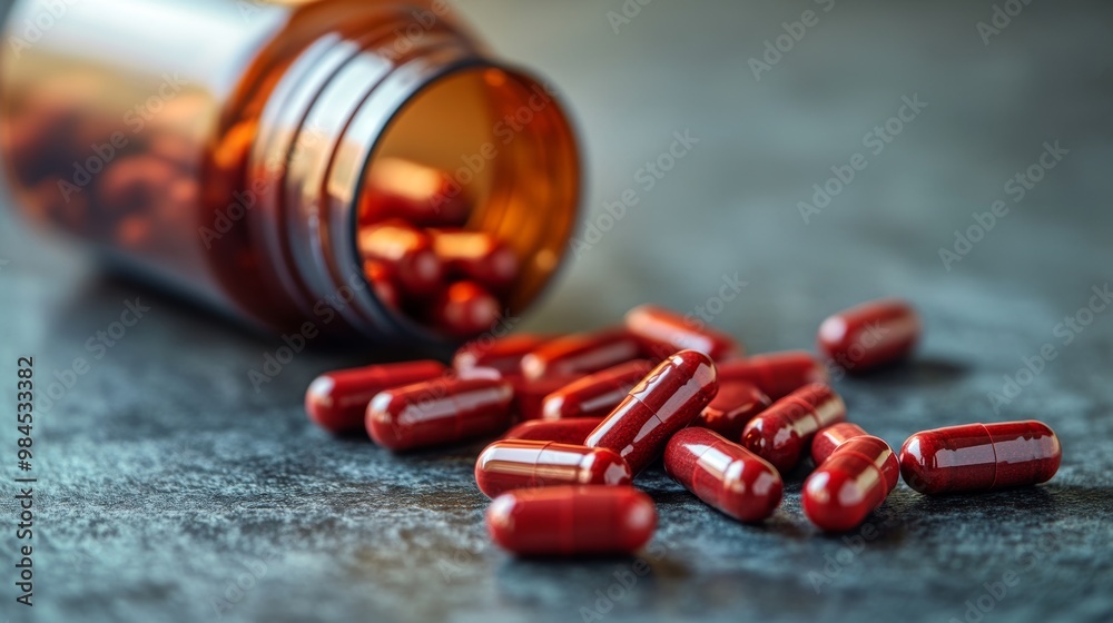 Φωτογραφία Close up of Colorful Prescription Medication Capsules and Bottles on Dark Surfac
