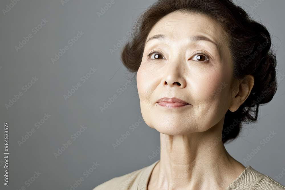 Portrait of a Middle Aged Asian Woman with Deep Expression and Wrinkled Face, Dressed in Casual Attire on a Plain Background - Perfect for Stock Photography Focusing on Emotion, Experience Portrait of a Middle Aged Asian Woman with Deep Expression and Wrinkled Face, Dressed in Casual Attire on a Plain Background - Perfect for Stock Photography Focusing on Emotion, Experience