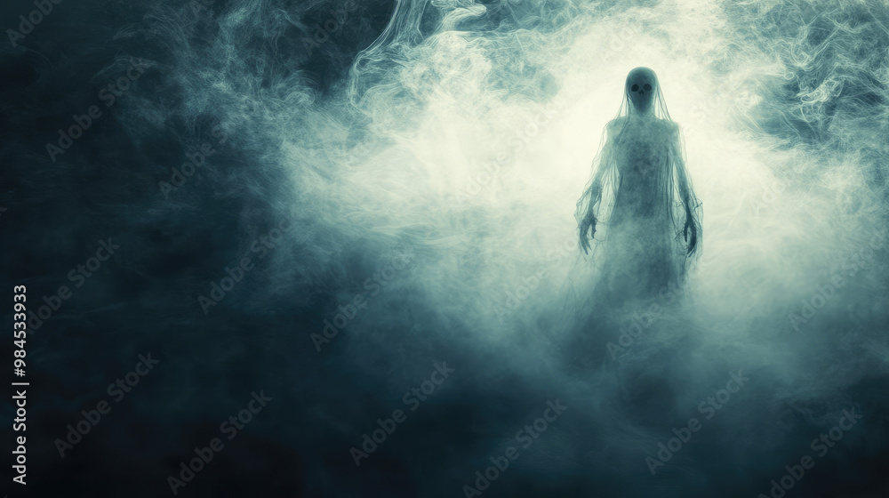A woman in a white dress stands in a misty, foggy atmosphere A woman in a white dress stands in a misty, foggy atmosphere