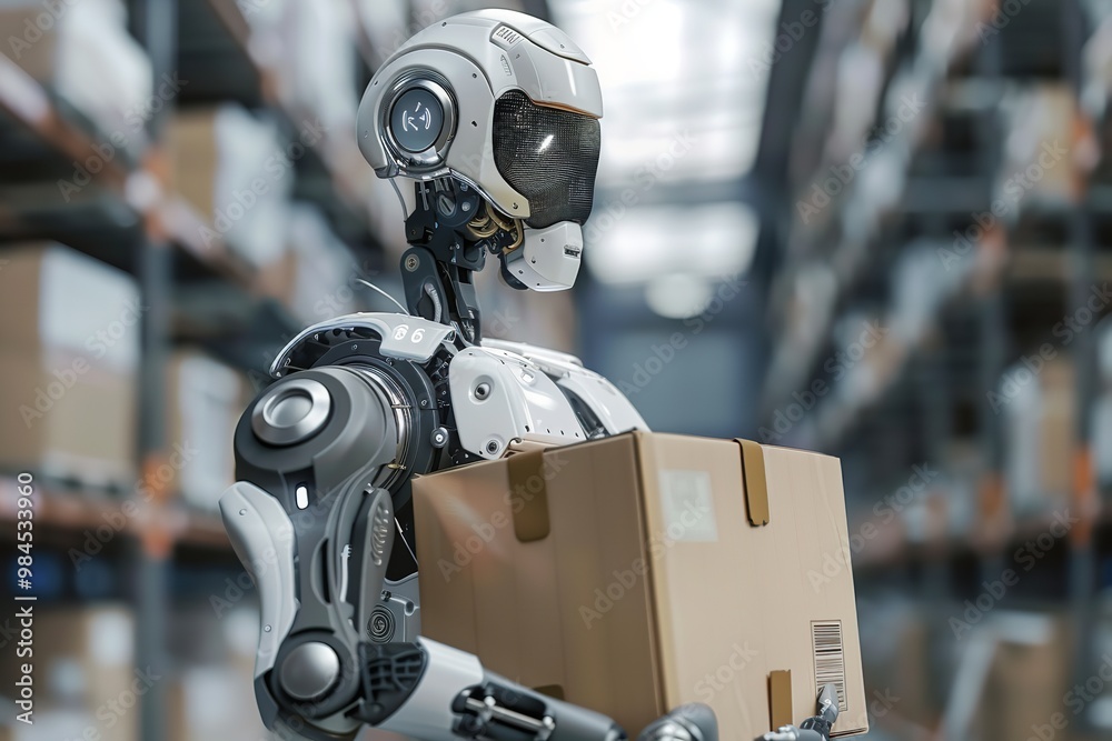 Robot elements with futuristic design, humanoid carrying empty brown box, slightly hazy warehouse background, Generative AI. Robot elements with futuristic design, humanoid carrying empty brown box, slightly hazy warehouse background, Generative AI.