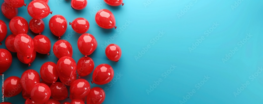 Numerous red balloons scattered on a solid blue background from an aerial perspective with text space.