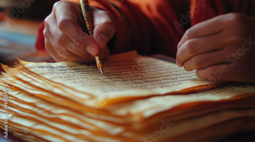 Ancient Tibetan texts being carefully transcribed by hand, preserving the knowledge and wisdom of centuries photo