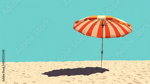  An orange and white striped umbrella sits atop a sandy beach beside a shadowed person on the ground